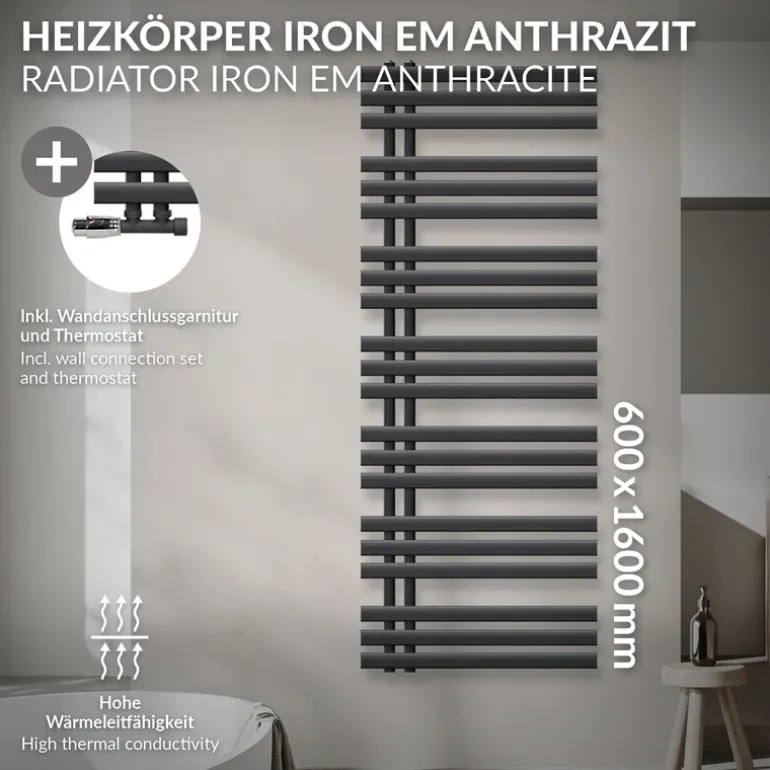 Badheizkörper Mittelanschluss 600x1600 mm Anthrazit mit Wand Anschlussgarnitur LuxeBath