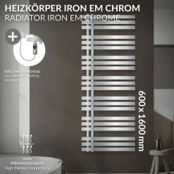 Badheizkörper Mittelanschluss 600x1600 mm Chrom mit Heizstab 1200W LuxeBath
