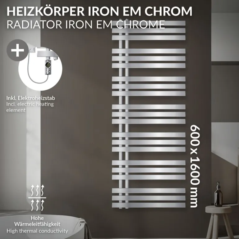 Badheizkörper Mittelanschluss 600x1600 mm Chrom mit Heizstab 1200W LuxeBath