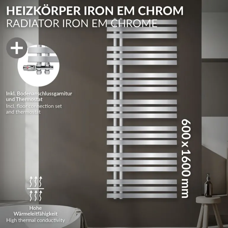 Badheizkörper Mittelanschluss 600x1600 mm Chrome mit Boden Anschlussgarnitur LuxeBath