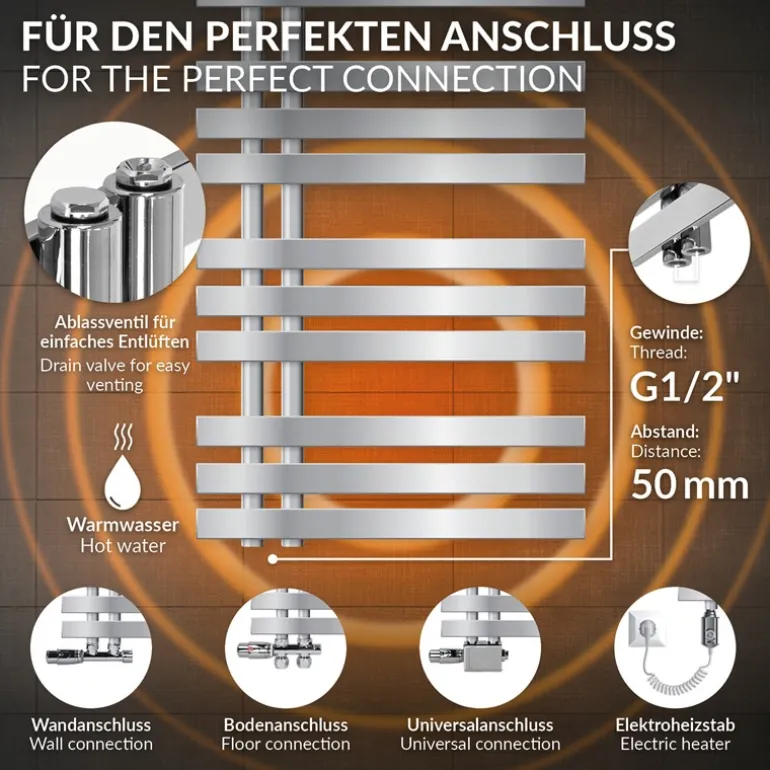 Badheizkörper Mittelanschluss 600x1600 mm Chrome mit Boden Anschlussgarnitur LuxeBath