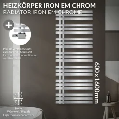 Badheizkörper Mittelanschluss 600x1600 mm Chrome mit Universale Anschlussgarnitur LuxeBath