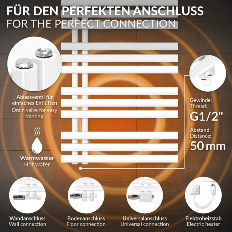 Badheizkörper Mittelanschluss 600x1600 mm Weiß mit Boden Anschlussgarnitur LuxeBath