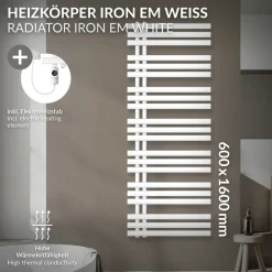 Badheizkörper Mittelanschluss 600x1600 mm Weiß mit Heizstab 1200W LuxeBath