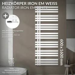 Badheizkörper Mittelanschluss 600x1600 mm Weiß mit Wand Anschlussgarnitur LuxeBath
