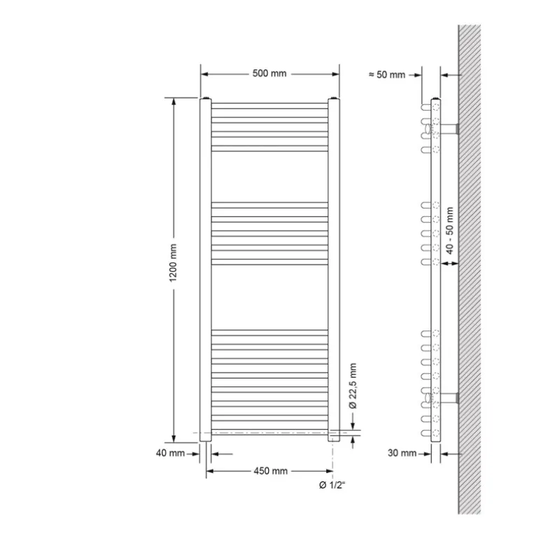 Badheizkörper Sahara mit Heizstab 1200W 500x1200 mm Chrome gebogen mit Seitenanschluss