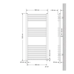 Badheizkörper Sahara mit Heizstab 900W 600x1200 mm Chrome gebogen mit Seitenanschluss