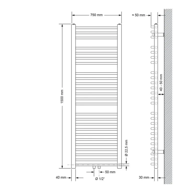 Badheizkörper Sahara 750x1500 mm Anthrazit gebogen mit Mittelanschluss und Wand Anschlussgarnitur