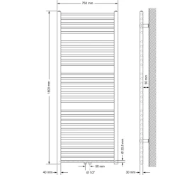 Badheizkörper Sahara 750x1800 mm Anthrazit gerade mit Mittelanschluss und Universale Anschlussgarnitur