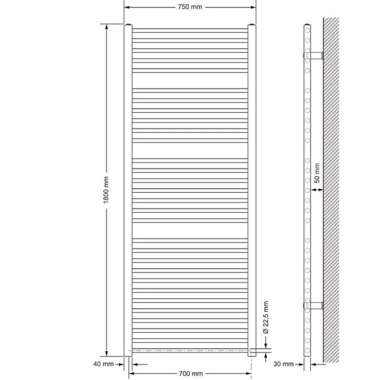 Badheizkörper Sahara 750x1800 mm anthrazit gerade mit Seitenanschluss LuxeBath