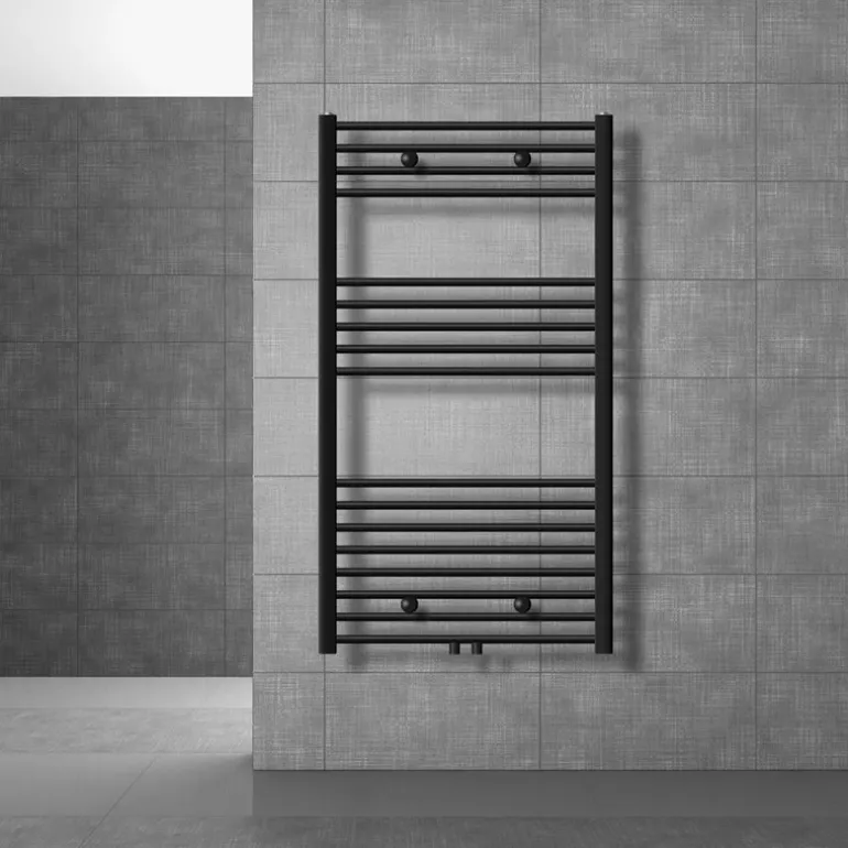 Badheizkörper Sahara 750x1200 mm Schwarz gebogen mit Wand Thermostatventil LuxeBath