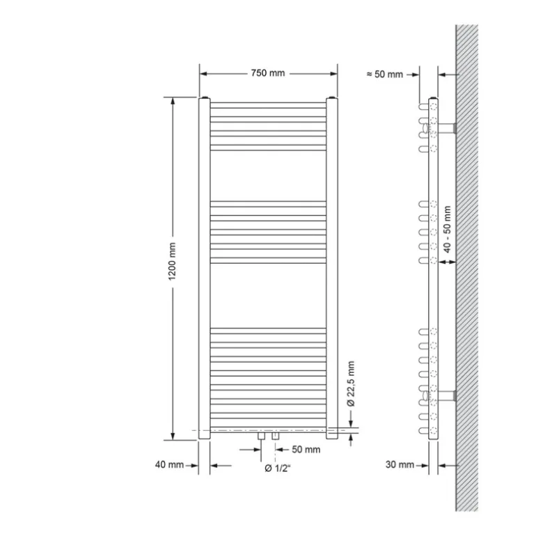 Badheizkörper Sahara 750x1200 mm Schwarz gebogen mit Wand Thermostatventil LuxeBath