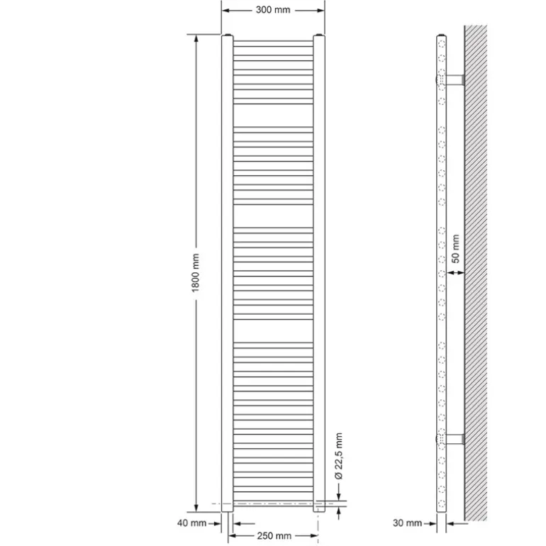 Badheizkörper Sahara 300x1800 mm weiß gerade mit Seitenanschluss