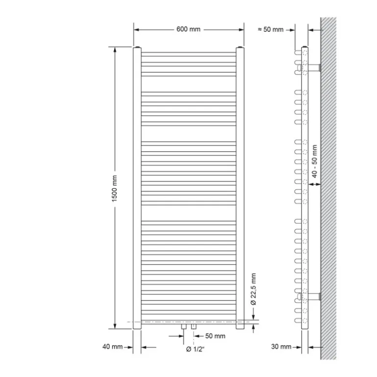 Badheizkörper Sahara 600x1500 mm Weiß gebogen mit Mittelanschluss