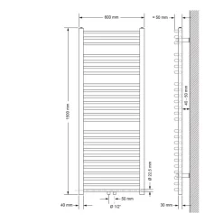 Badheizkörper Sahara 600x1500 mm Weiß gebogen mit Mittelanschluss und Wand Anschlussgarnitur