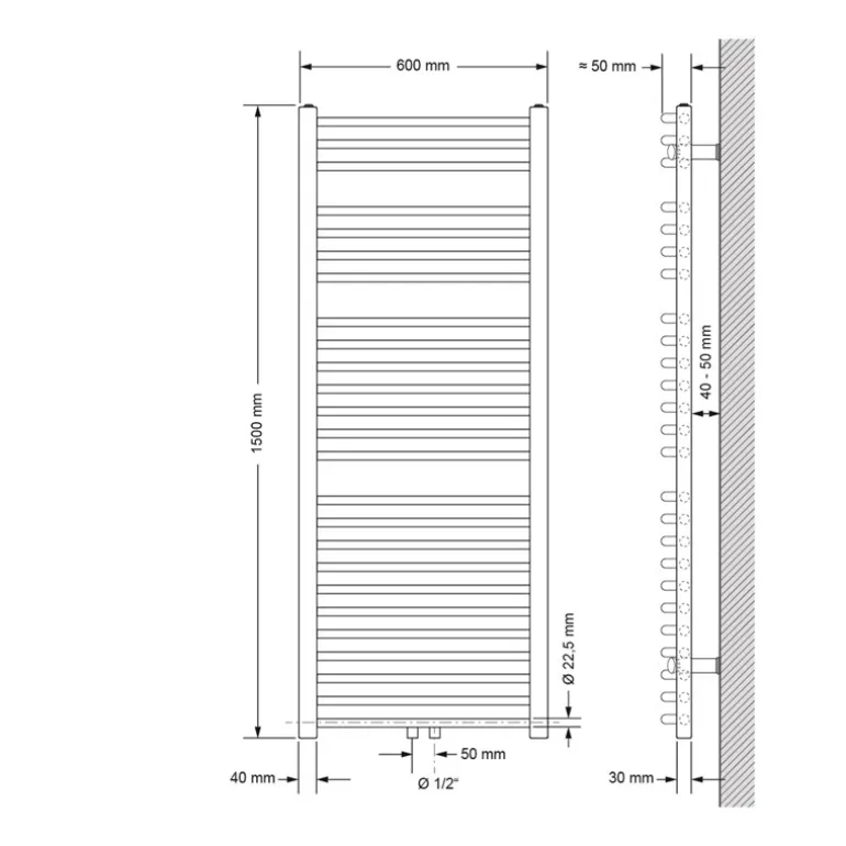 Badheizkörper Sahara 600x1500 mm Weiß gebogen mit Mittelanschluss und Wand Anschlussgarnitur