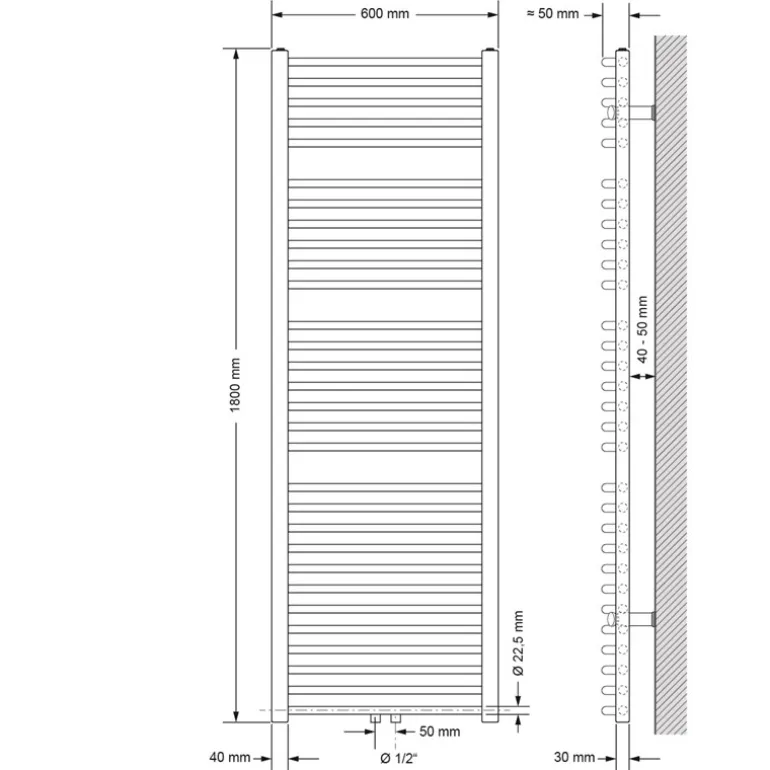 Badheizkörper Sahara 600x1800 mm Weiß gebogen mit Mittelanschluss LuxeBath