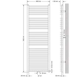 Badheizkörper Sahara 600x1800 mm Weiß gebogen mit Mittelanschluss und Wand Anschlussgarnitur
