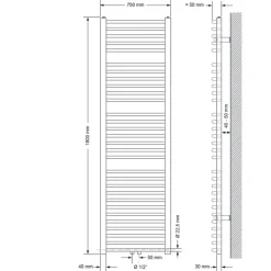 Badheizkörper Sahara 750x1800 mm Weiß gebogen mit Mittelanschluss und Boden Anschlussgarnitur LuxeBath