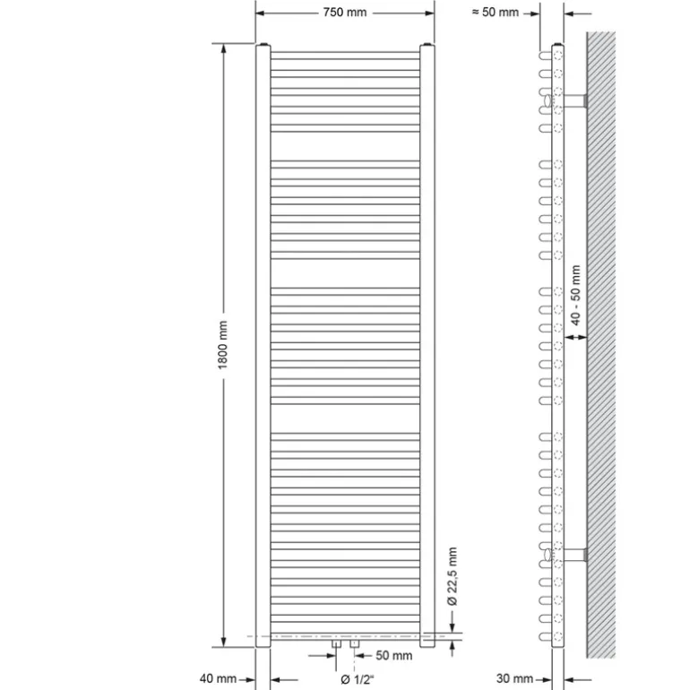 Badheizkörper Sahara 750x1800 mm Weiß gebogen mit Mittelanschluss und Universale Anschlussgarnitur LuxeBath