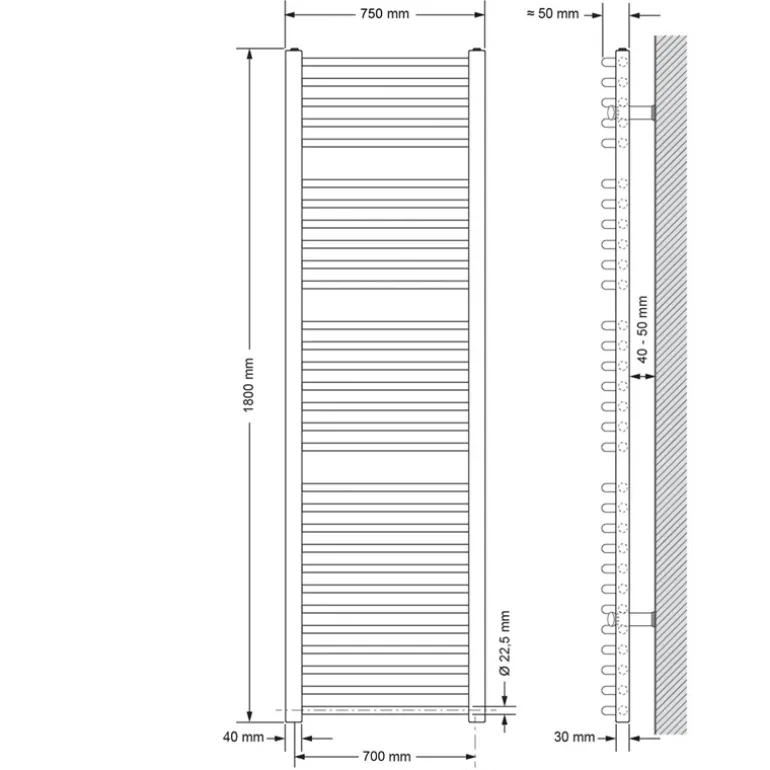 Badheizkörper Sahara 750x1800 mm Weiß gebogen mit Seitenanschluss