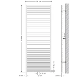 Badheizkörper Sahara 750x1800 mm Weiß gerade mit Mittelanschluss