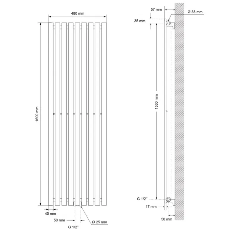 Badheizkörper Stella 480x1600 mm Weiß