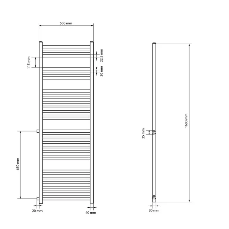 Badheizkörper 500x1600 mm Weiß gerade mit Seitenanschluss LuxeBath