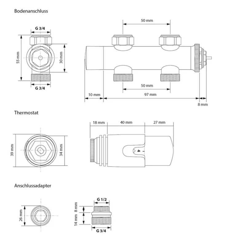 Badheizkörper 480x1600 mm Weiß mit Boden Anschlussgarnitur