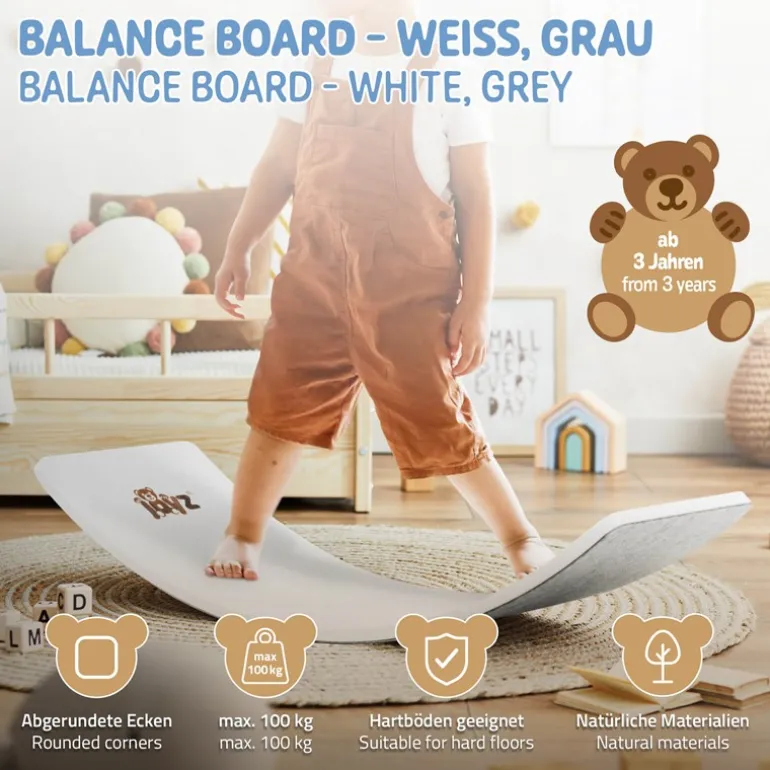 Balance Board für Kinder 83x30 cm Grau/Weiß aus Lindensperrholz bis 100kg Joyz