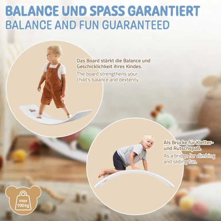 Balance Board für Kinder 83x30 cm Grau/Weiß aus Lindensperrholz bis 100kg Joyz