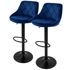 Barhocker 2er Set Blau Samtbezug mit Rückenlehne und Fußstütze höhenverstellbar 62-82cm ML-Design