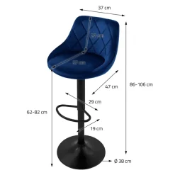 Barhocker 2er Set Blau Samtbezug mit Rückenlehne und Fußstütze höhenverstellbar 62-82cm ML-Design