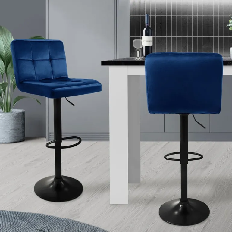 Barhocker 2er Set Blau Samtbezug mit Rückenlehne und Fußstütze höhenverstellbar 63-83cm ML-Design