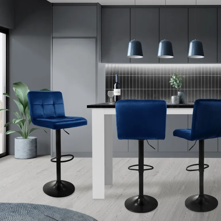 Barhocker 2er Set Blau Samtbezug mit Rückenlehne und Fußstütze höhenverstellbar 63-83cm ML-Design
