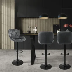 Barhocker 2er Set Grau Samtbezug mit Rückenlehne und Fußstütze höhenverstellbar 59-79cm ML-Design