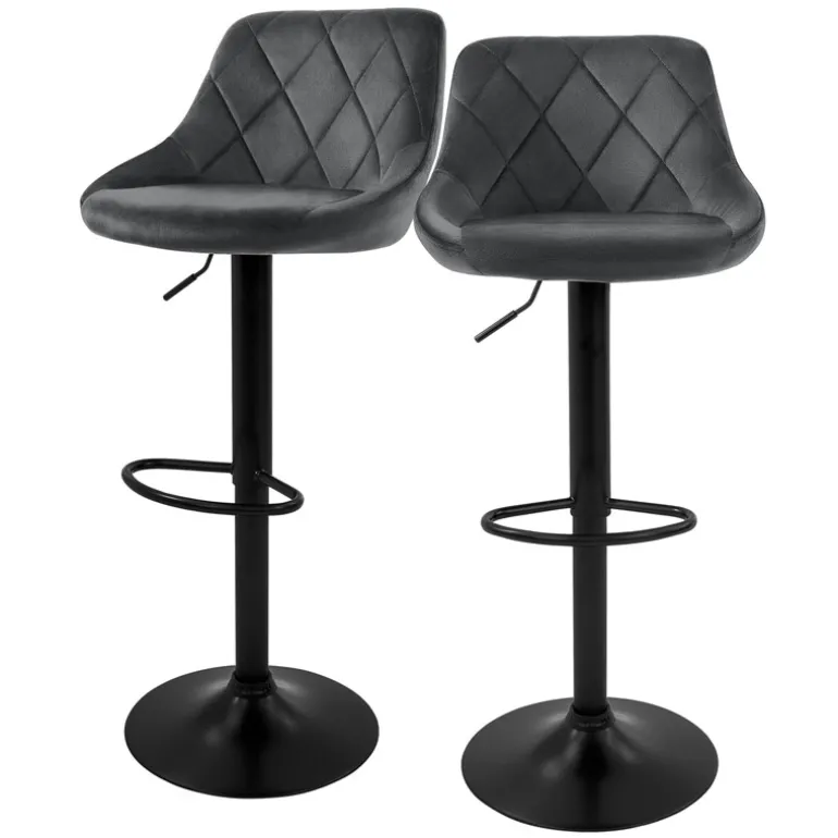 Barhocker 2er Set Grau Samtbezug mit Rückenlehne und Fußstütze höhenverstellbar 62-82cm ML-Design