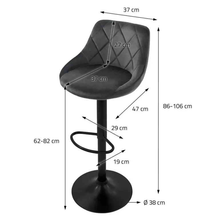 Barhocker 2er Set Grau Samtbezug mit Rückenlehne und Fußstütze höhenverstellbar 62-82cm ML-Design