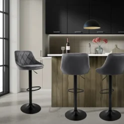 Barhocker 2er Set Grau Samtbezug mit Rückenlehne und Fußstütze höhenverstellbar 62-82cm ML-Design