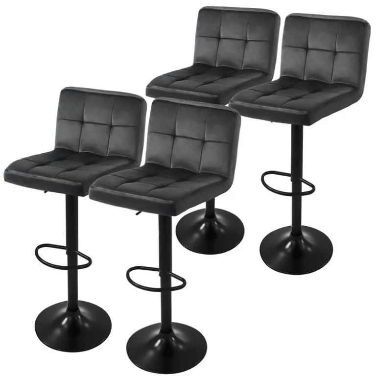 Barhocker 4er Set Grau Samtbezug mit Rückenlehne und Fußstütze höhenverstellbar 63-83cm ML-Design