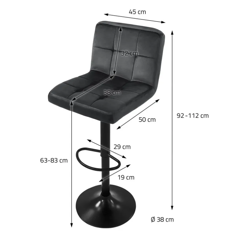 Barhocker 4er Set Grau Samtbezug mit Rückenlehne und Fußstütze höhenverstellbar 63-83cm ML-Design