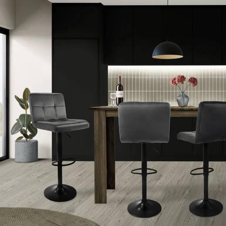 Barhocker 4er Set Grau Samtbezug mit Rückenlehne und Fußstütze höhenverstellbar 63-83cm ML-Design
