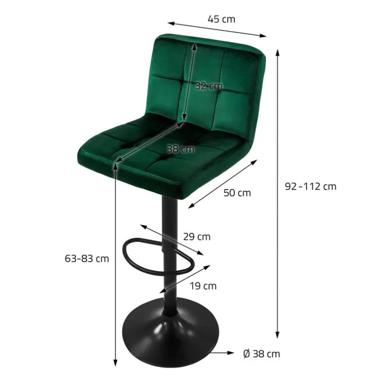 Barhocker 2er Set Grün Samtbezug mit Rückenlehne und Fußstütze höhenverstellbar 63-83cm ML-Design