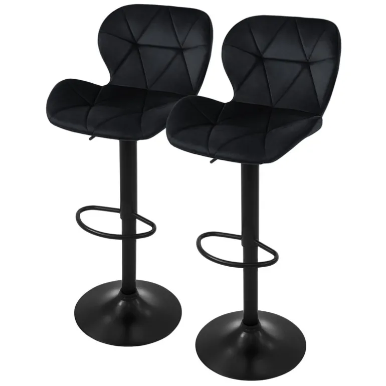 Barhocker 2er Set Schwarz Samtbezug mit Rückenlehne und Fußstütze höhenverstellbar 59-79cm ML-Design