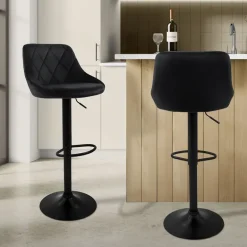 Barhocker 2er Set Schwarz Samtbezug mit Rückenlehne und Fußstütze höhenverstellbar 62-82cm ML-Design