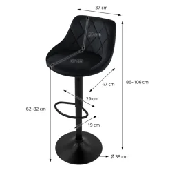 Barhocker 2er Set Schwarz Samtbezug mit Rückenlehne und Fußstütze höhenverstellbar 62-82cm ML-Design