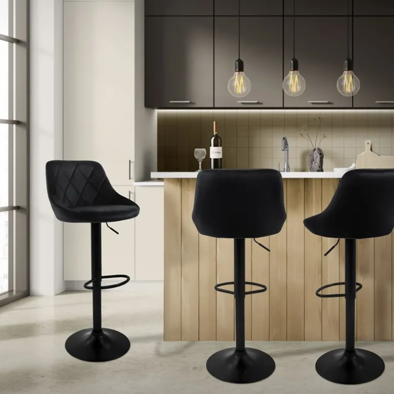 Barhocker 2er Set Schwarz Samtbezug mit Rückenlehne und Fußstütze höhenverstellbar 62-82cm ML-Design