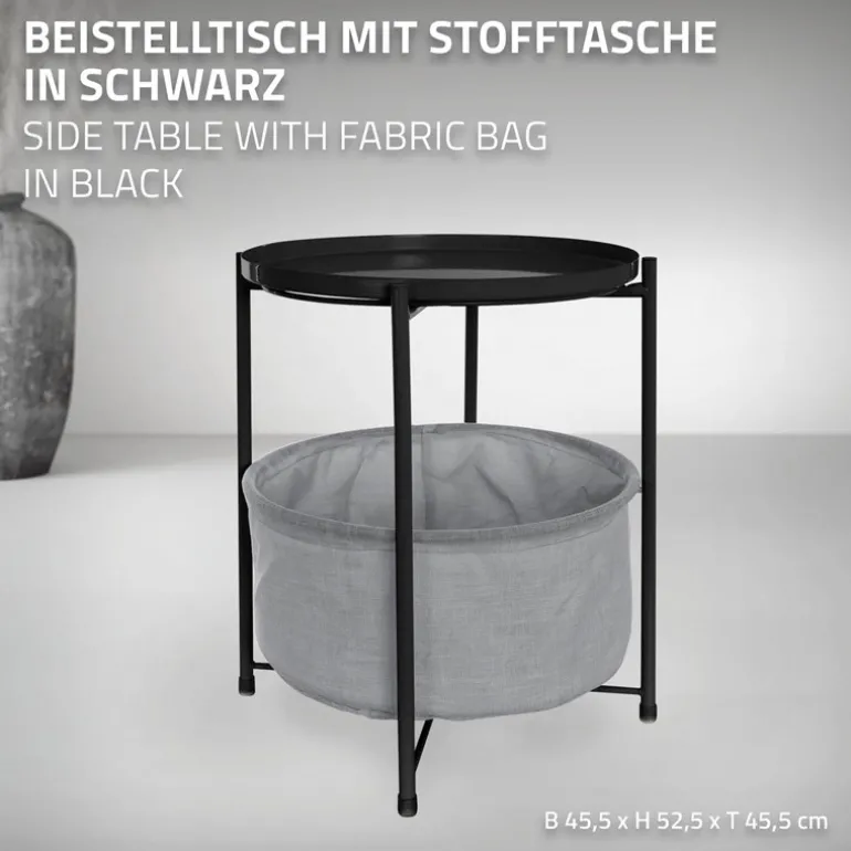 Beistelltisch rund 45,5x52,5 cm Schwarz aus Metall inkl. Stoffkorb und Tablett ML-Design