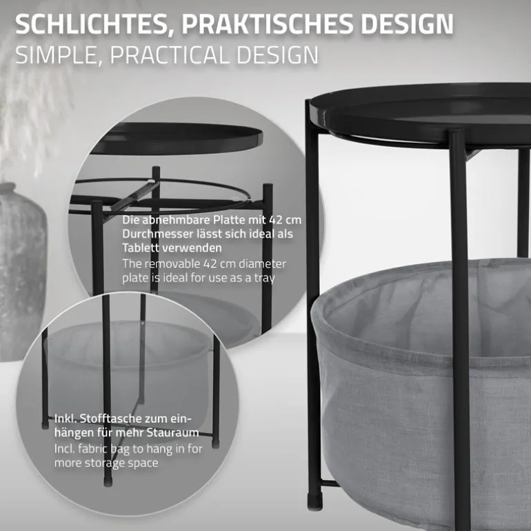 Beistelltisch rund 45,5x52,5 cm Schwarz aus Metall inkl. Stoffkorb und Tablett ML-Design
