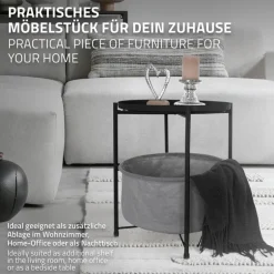 Beistelltisch rund 45,5x52,5 cm Schwarz aus Metall inkl. Stoffkorb und Tablett ML-Design